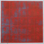 Maskerade 8, gomdruk in engels rood, Agnes Bomers 1992